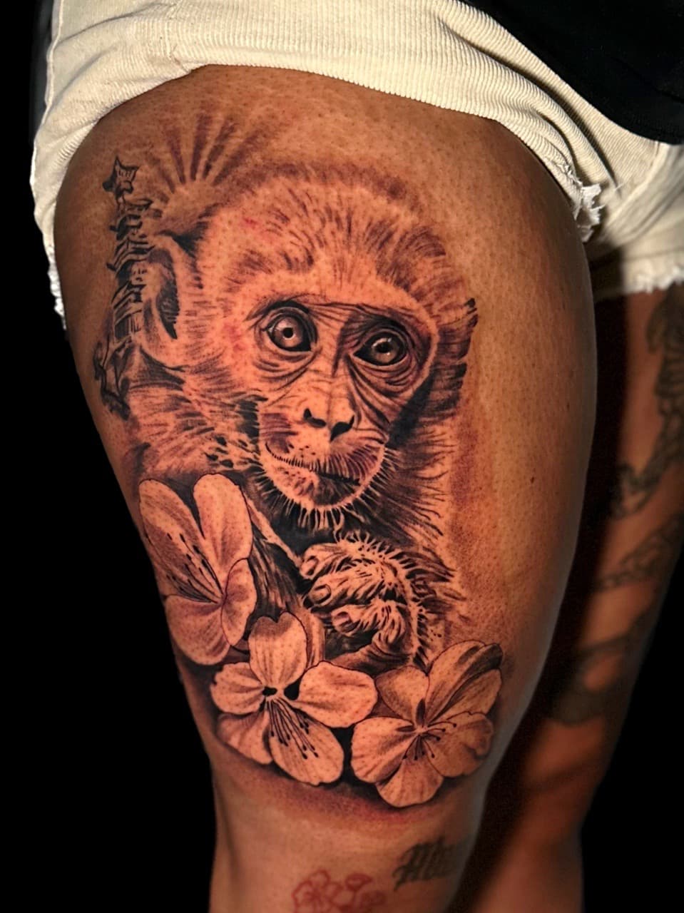 Realism + Black & Grey monkey tattoo on Thigh by Christopher_Ink on TattMe