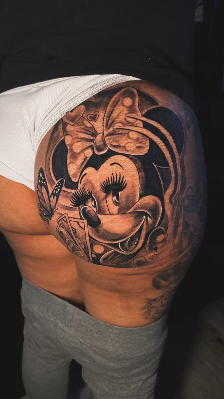 Black & Grey + Illustrative minnie mouse tattoo on Buttocks by Christopher_Ink on TattMe
