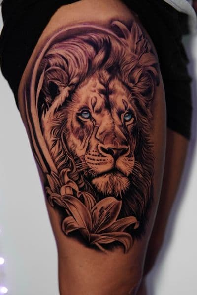 Realism + Black & Grey lion tattoo on Thigh by Moe_Tatts on TattMe