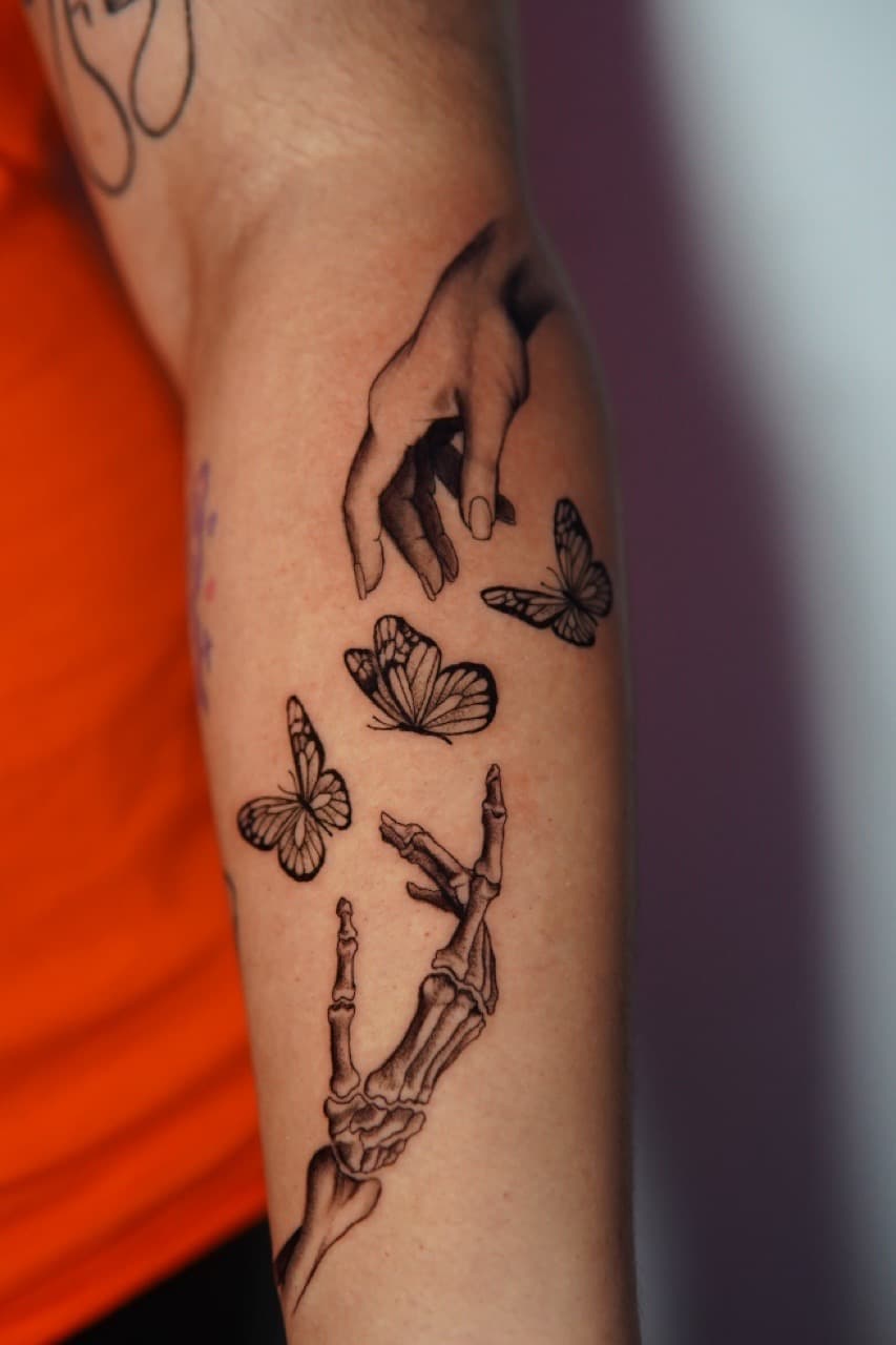Black & Grey + Fine Line skeleton tattoo on Forearm by Moe_Tatts on TattMe