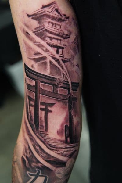 Black & Grey + Illustrative pagoda tattoo on Upper Arm by Moe_Tatts on TattMe