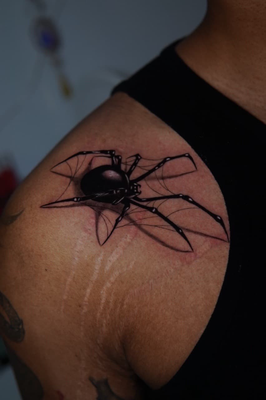 Black & Grey + Realism spider tattoo on Shoulder Blade by Moe_Tatts on TattMe