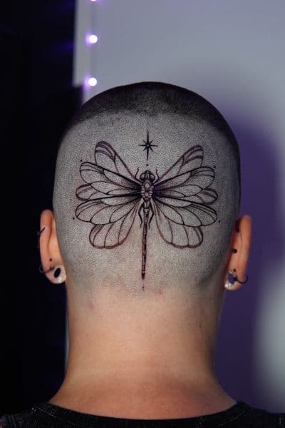 Fine Line + Black-work dragonfly tattoo on Scalp by Moe_Tatts on TattMe