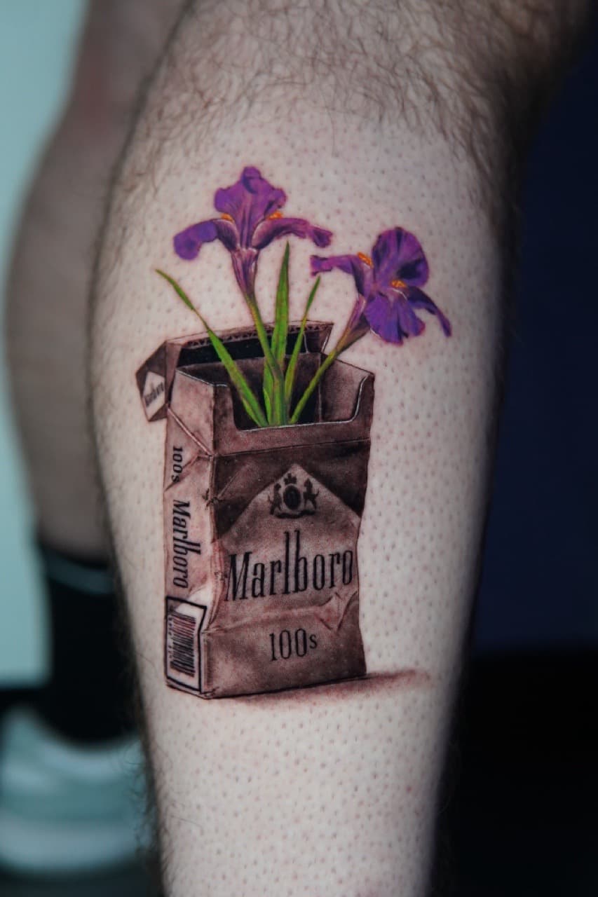 Realism + Color cigarette pack tattoo on Calf by Moe_Tatts on TattMe