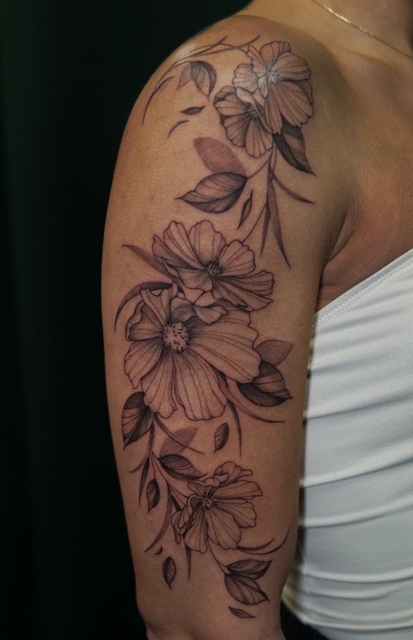 Fine Line + Floral flowers tattoo on Upper Arm by Moe_Tatts on TattMe
