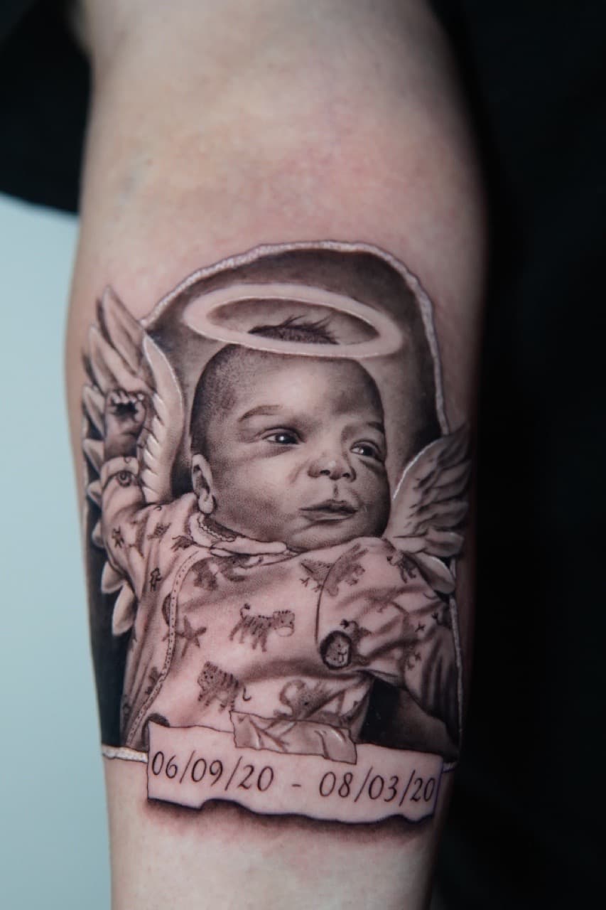 Black & Grey + Realism baby tattoo on Forearm by Moe_Tatts on TattMe