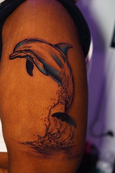 Realism + Color dolphin tattoo on Thigh by Moe_Tatts on TattMe