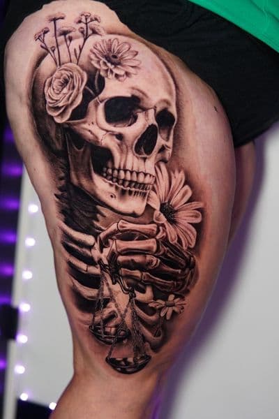 Black & Grey + Realism skull tattoo on Thigh by Moe_Tatts on TattMe
