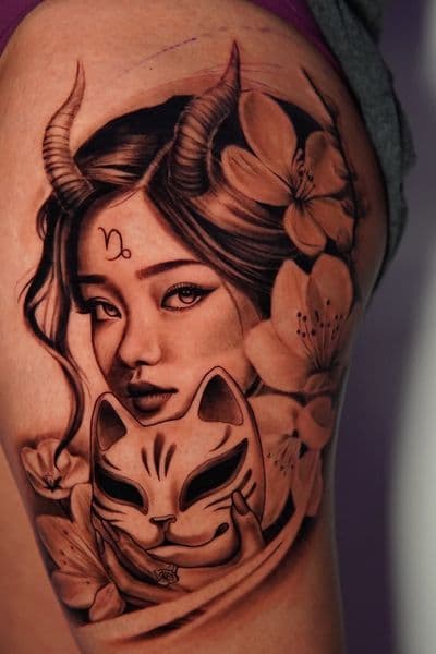 Black & Grey + Realism woman tattoo on Thigh by Moe_Tatts on TattMe