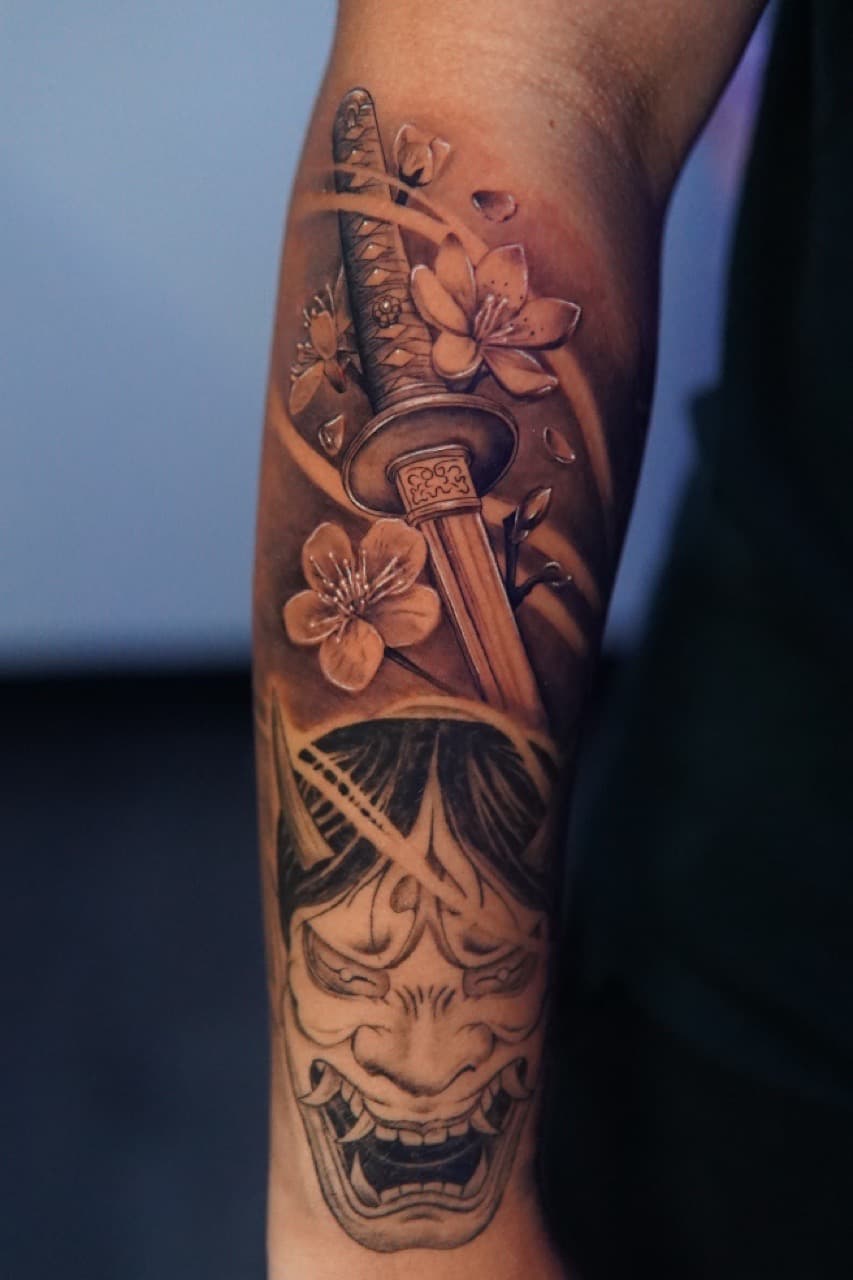 Black & Grey + Japanese samurai mask tattoo on Forearm by Moe_Tatts on TattMe