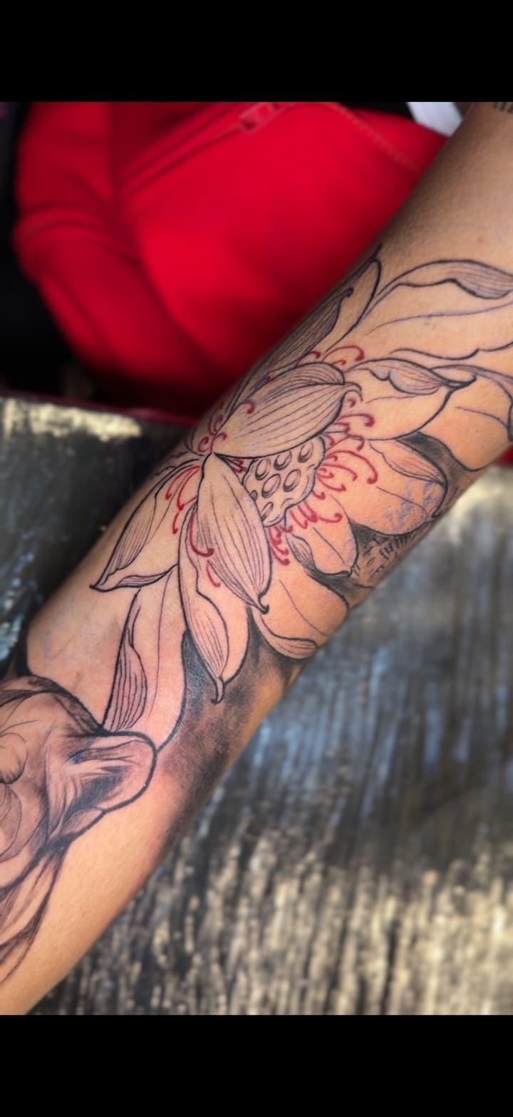 Floral + Fine Line flower tattoo on Forearm by King_Chaka_Roots on TattMe
