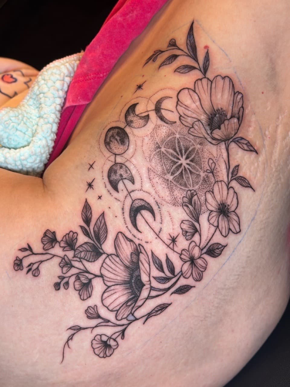 Fine Line + Black & Grey flowers tattoo on Ribs by King_Chaka_Roots on TattMe