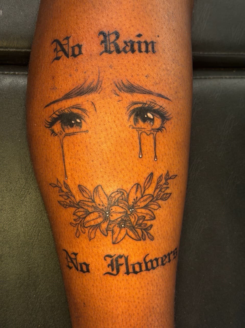Lettering + Black-work eyes tattoo on Calf by King_Chaka_Roots on TattMe