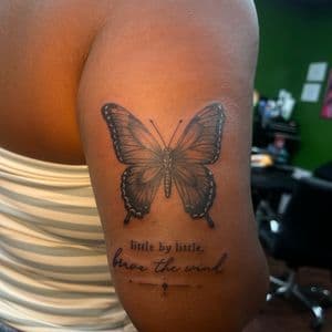 Black & Grey + Lettering butterfly tattoo on Upper Arm by Anita_Tattoo on TattMe