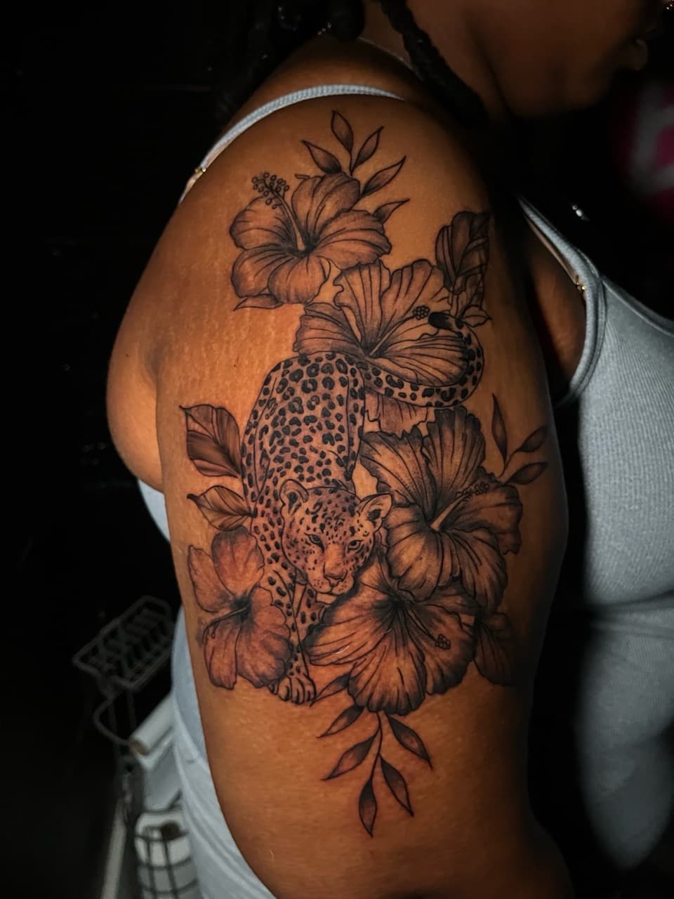 Black & Grey + Illustrative leopard tattoo on Upper Arm by Anita_Tattoo on TattMe