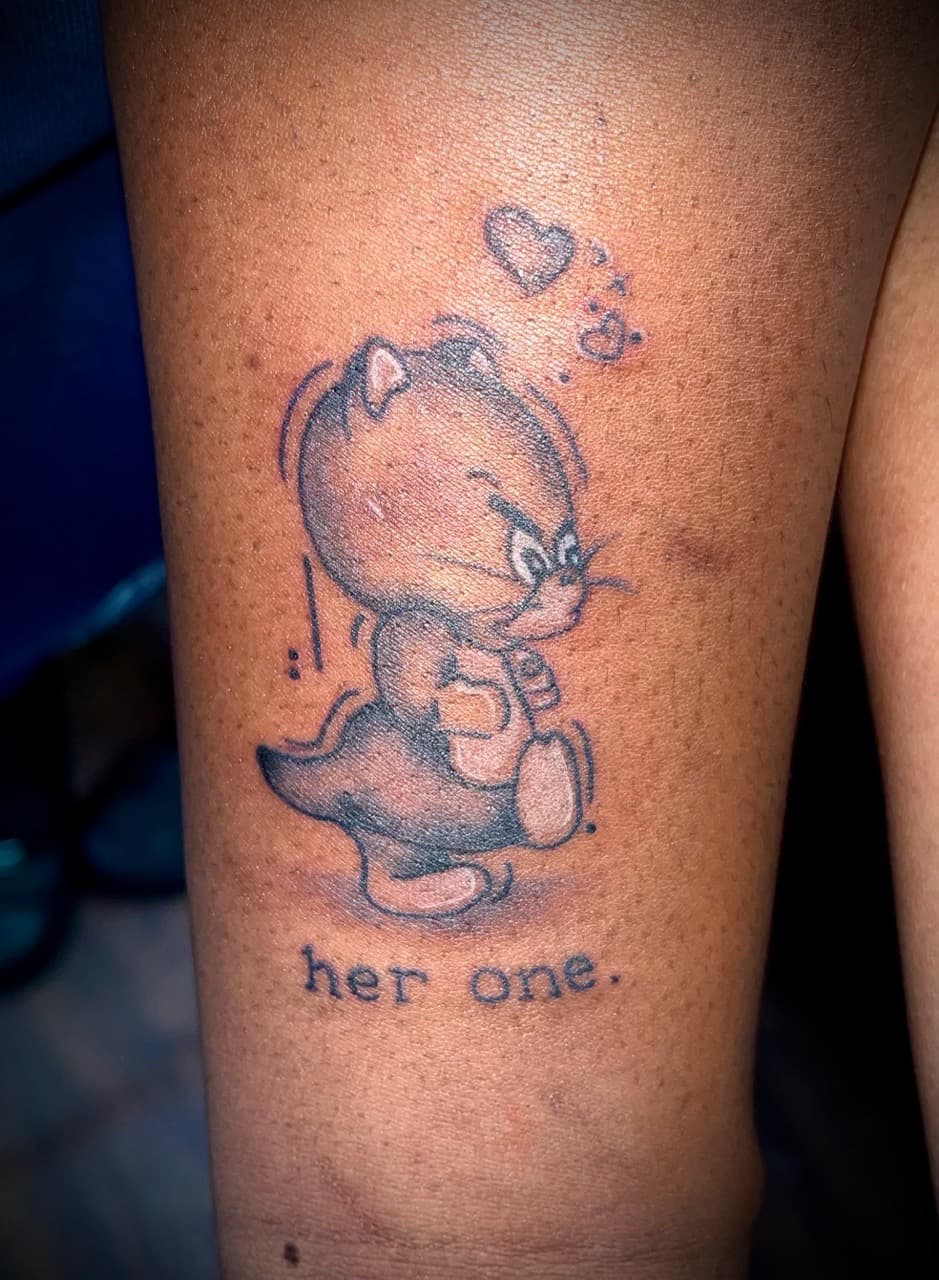 Black & Grey + Illustrative cat tattoo on Thigh by Anita_Tattoo on TattMe