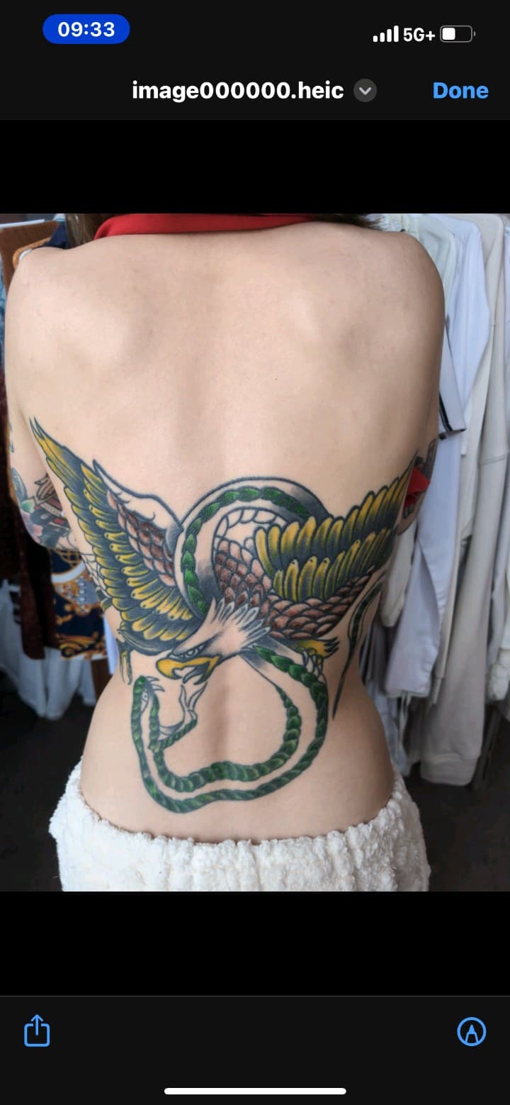 American Traditional + Traditional eagle tattoo on Upper Back by Cay_Tattoos on TattMe