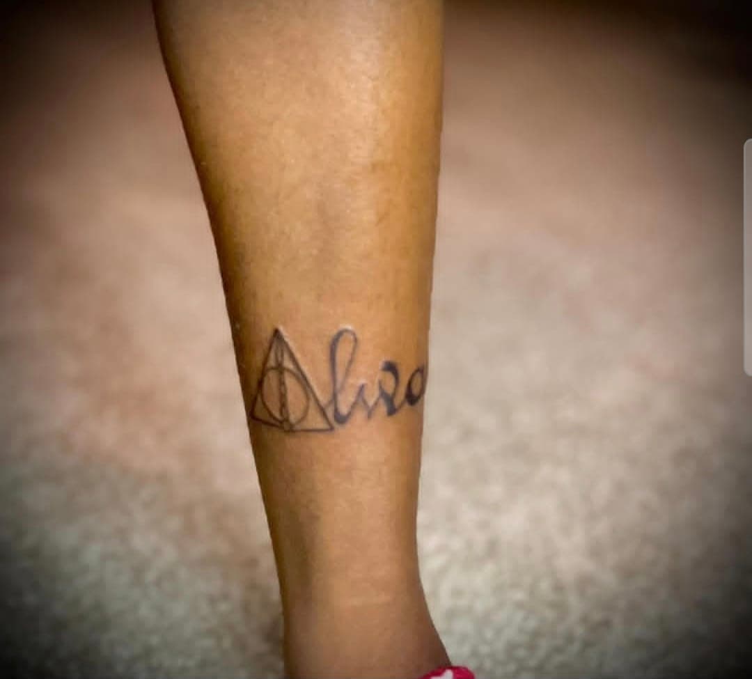 Fine Line + Lettering deathly hallows tattoo on Calf by Cay_Tattoos on TattMe
