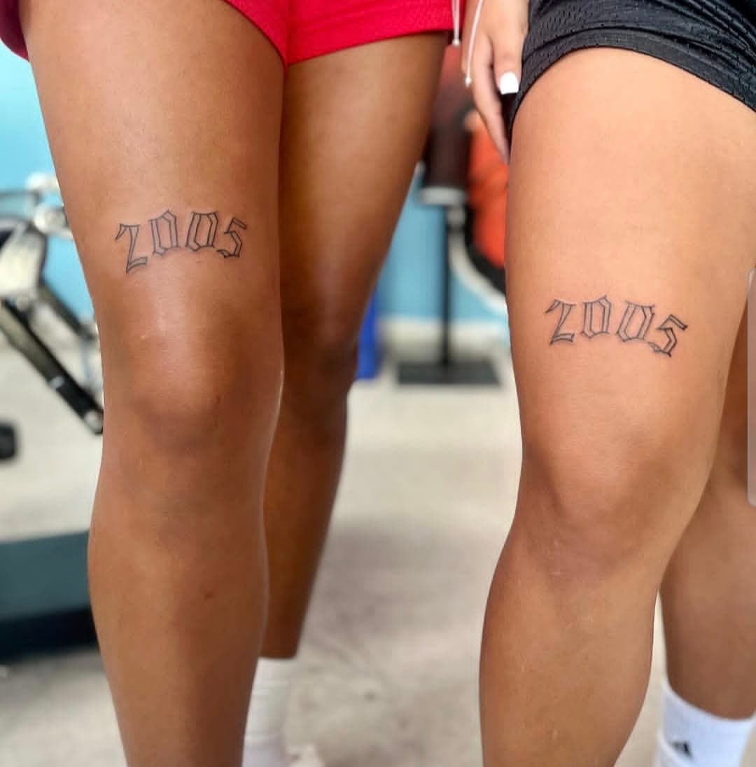 Lettering + Script numbers tattoo on Thigh by Cay_Tattoos on TattMe