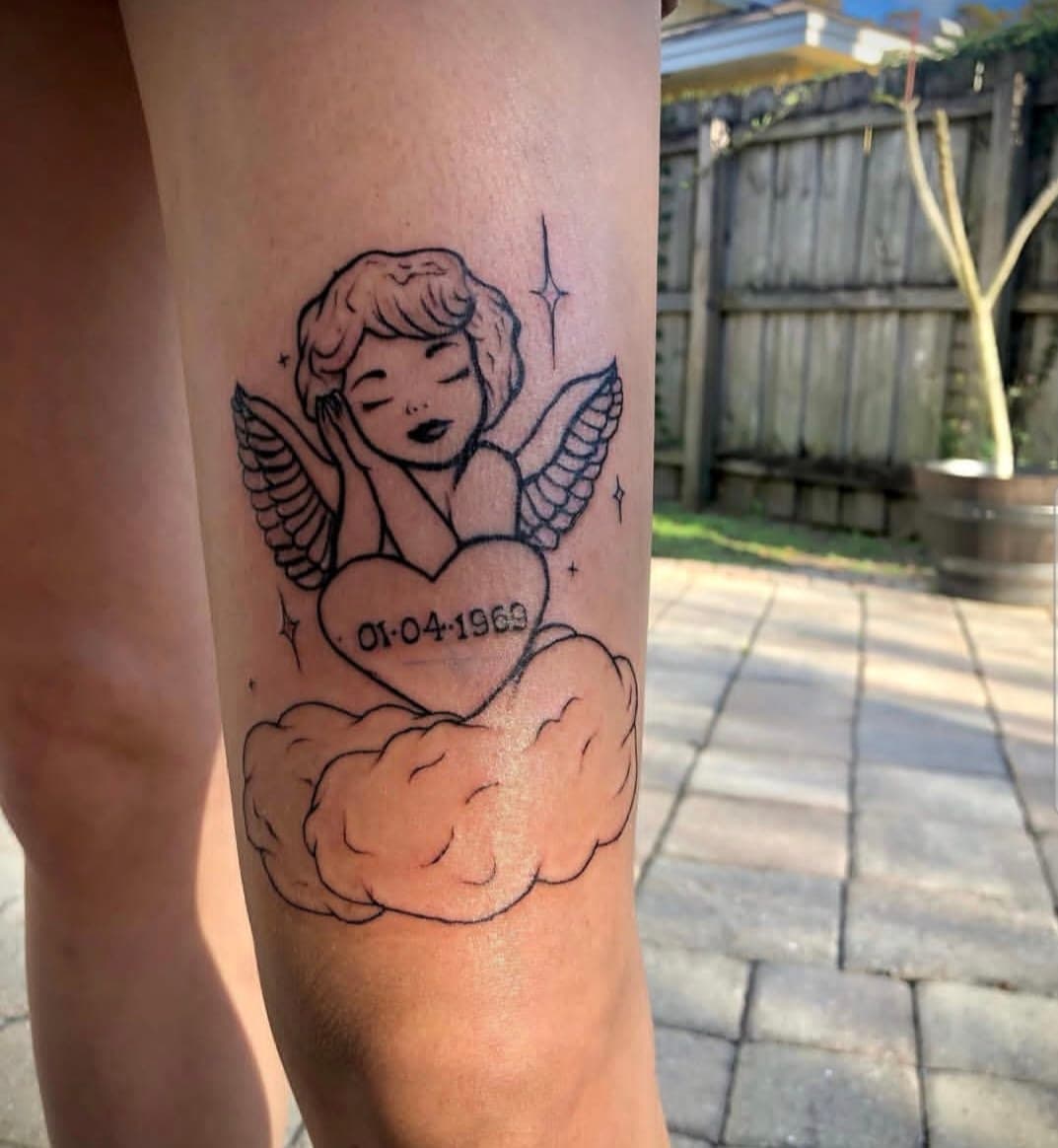 Fine Line + Illustrative angel tattoo on Thigh by Cay_Tattoos on TattMe