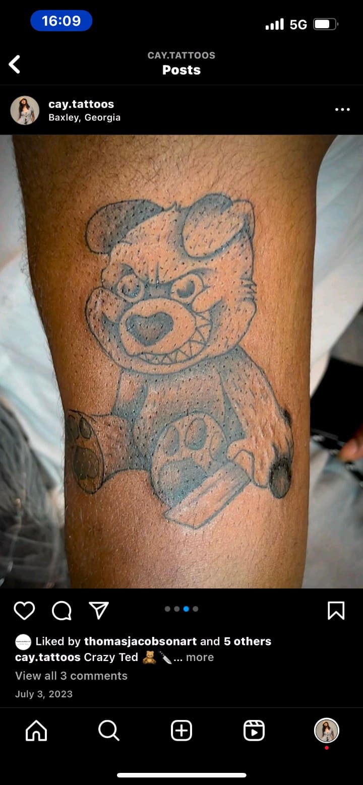 Cartoon + Black & Grey bear tattoo on Upper Arm by Cay_Tattoos on TattMe
