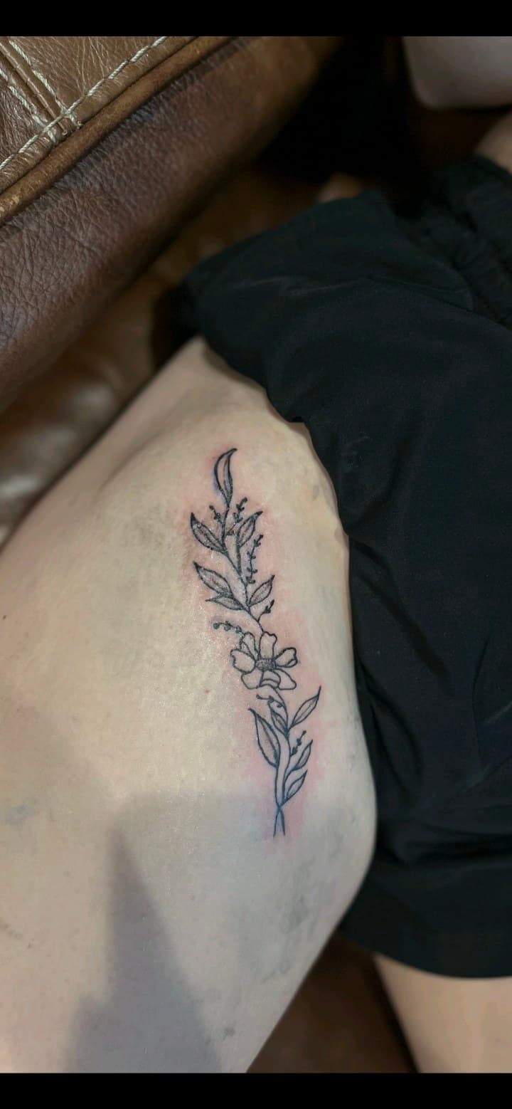 Fine Line + Floral flower tattoo on Thigh by Cay_Tattoos on TattMe