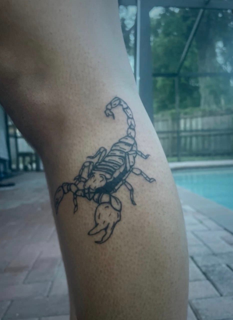 Black-work + Line-work scorpion tattoo on Calf by Cay_Tattoos on TattMe