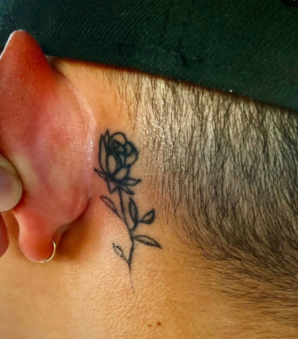 Fine Line + Minimalist rose tattoo on Behind Ear by Cay_Tattoos on TattMe