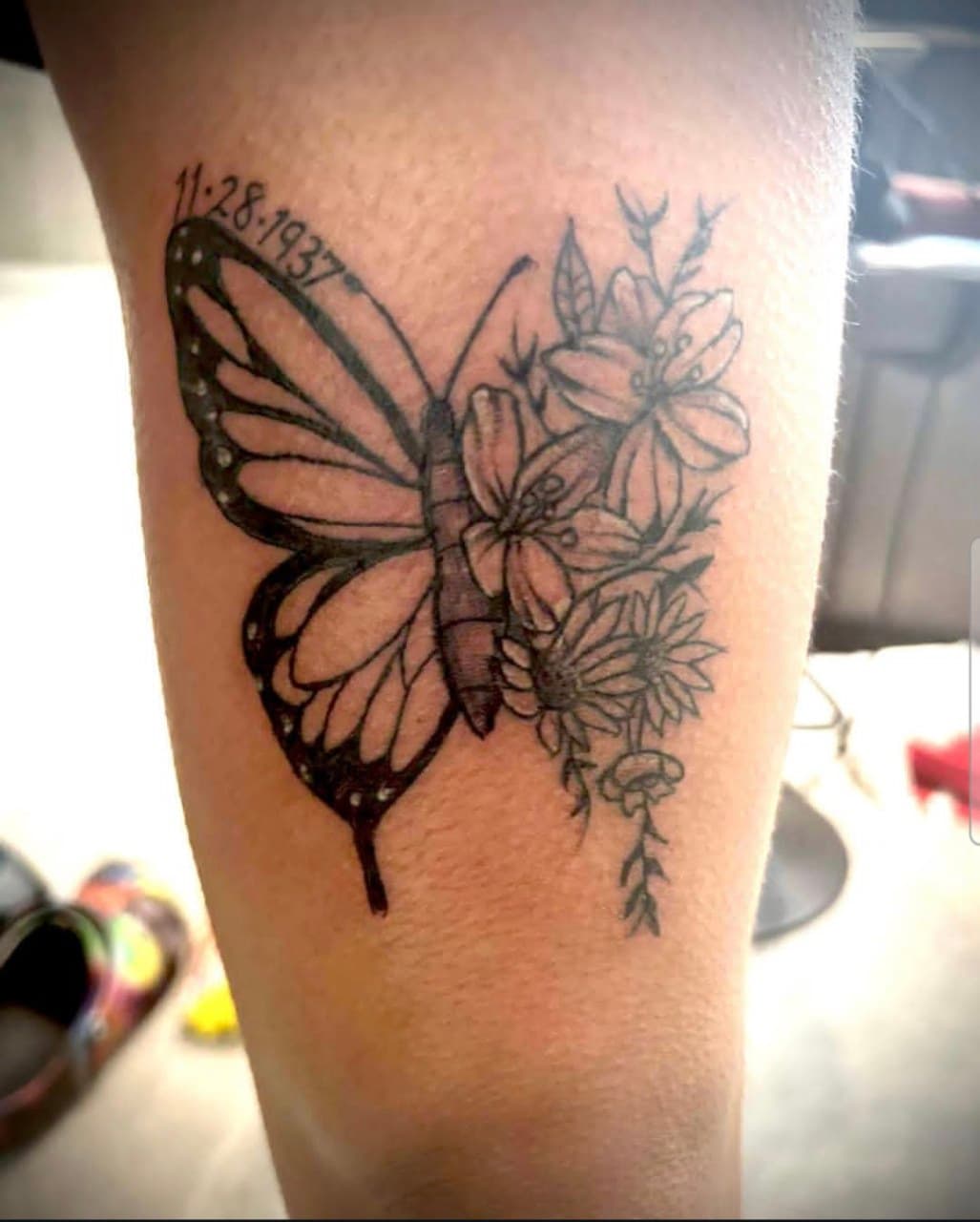 Fine Line + Black & Grey butterfly tattoo on Thigh by Cay_Tattoos on TattMe