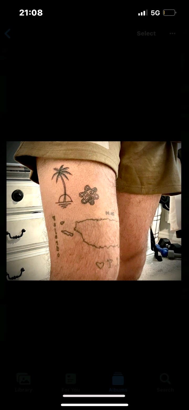 Minimalist + Line-work palm tree tattoo on Thigh by Cay_Tattoos on TattMe