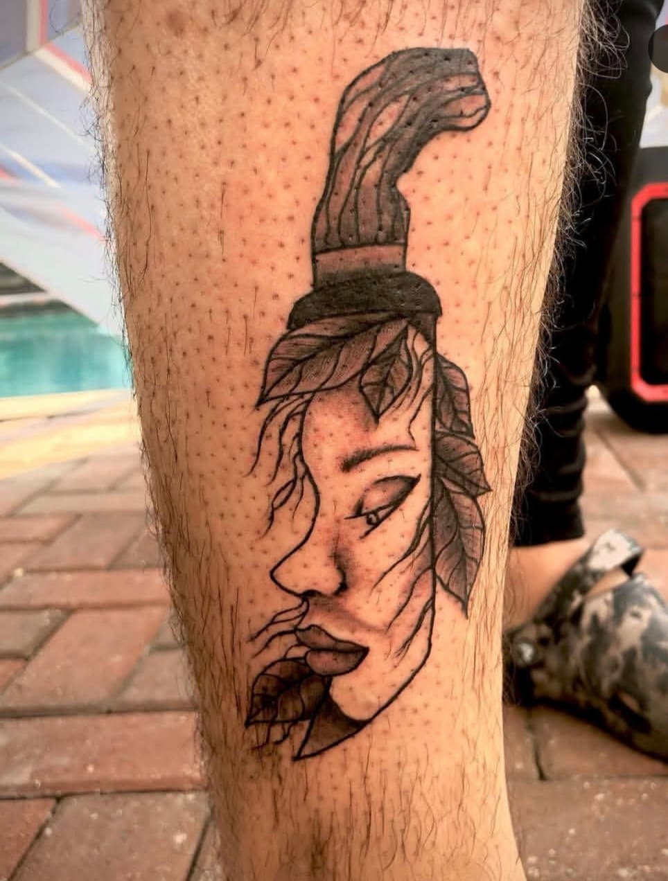 Illustrative + Black & Grey woman tattoo on Calf by Cay_Tattoos on TattMe