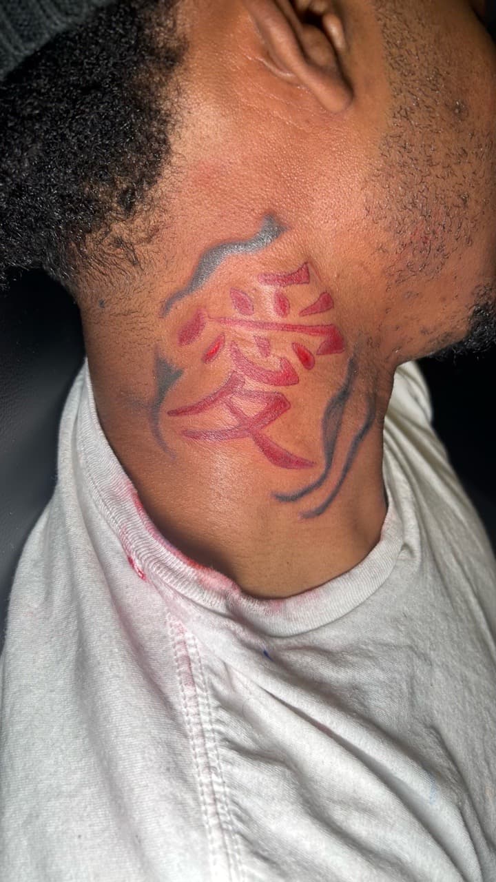 Lettering + Color kanji tattoo on Neck (Side) by inkbynyyair on TattMe