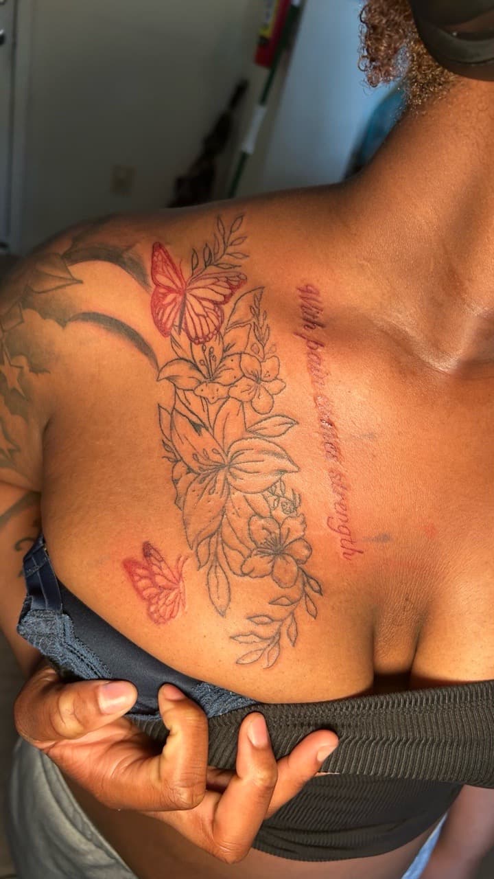 Floral + Lettering butterflies tattoo on Chest by inkbynyyair on TattMe