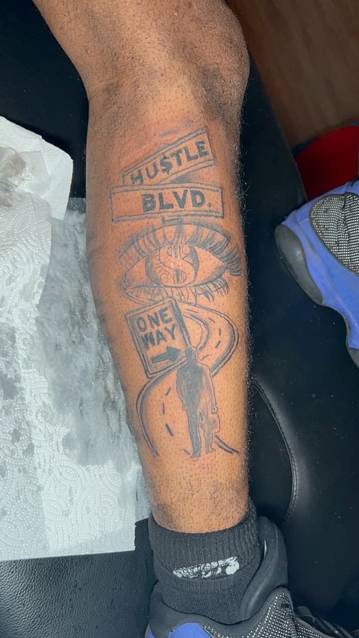 Lettering + Line-work hustle tattoo on Shin by inkbynyyair on TattMe
