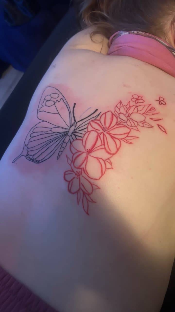 Line-work + Floral butterfly tattoo on Ribs by inkbynyyair on TattMe