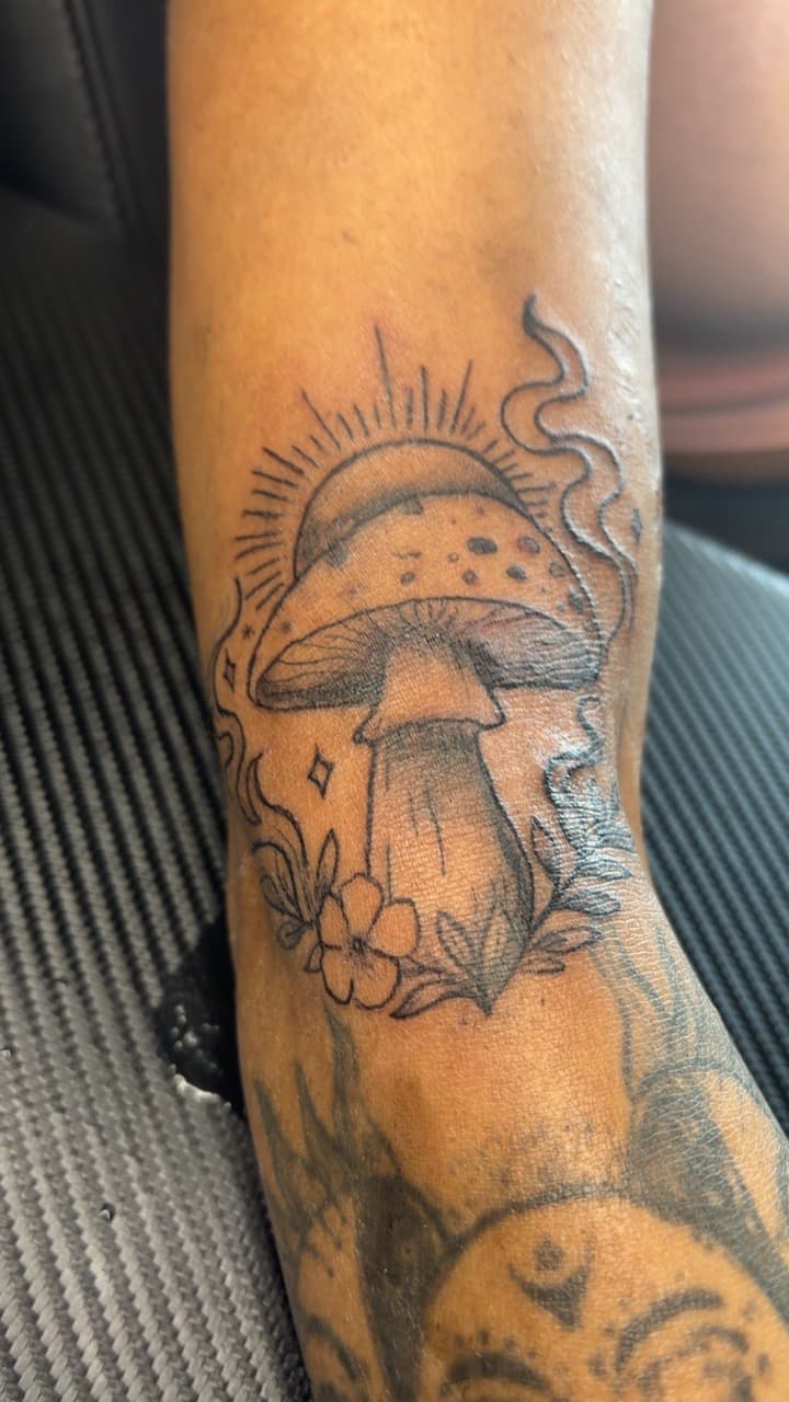 Line-work + Fine Line mushroom tattoo on Elbow by VonTattz on TattMe