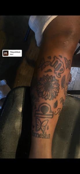 Line-work + Black-work sunflower tattoo on Shin by TeezTalent on TattMe