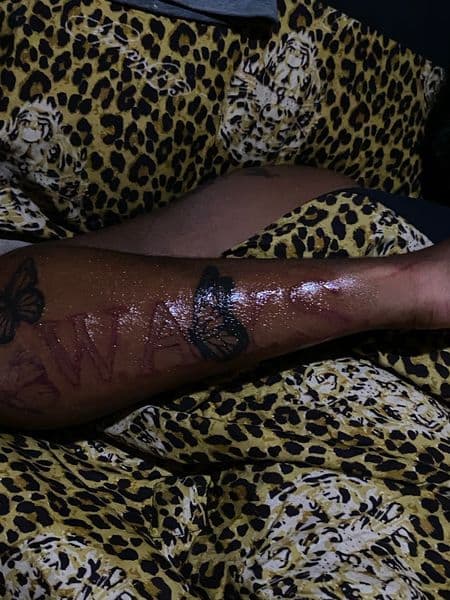 Black-work + Lettering butterflies tattoo on Calf by TeezTalent on TattMe