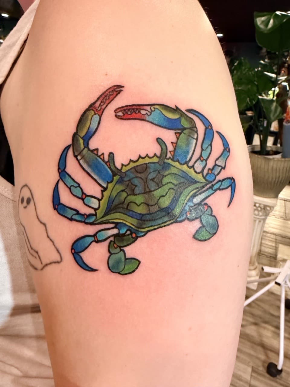 American Traditional + Color crab tattoo on Upper Arm by Tattoos_by_Nicci on TattMe