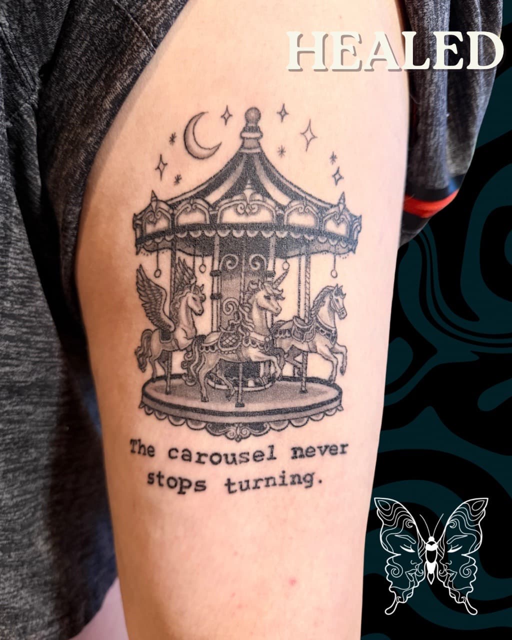 Black & Grey + Fine Line carousel tattoo on Upper Arm by Tattoos_by_Nicci on TattMe