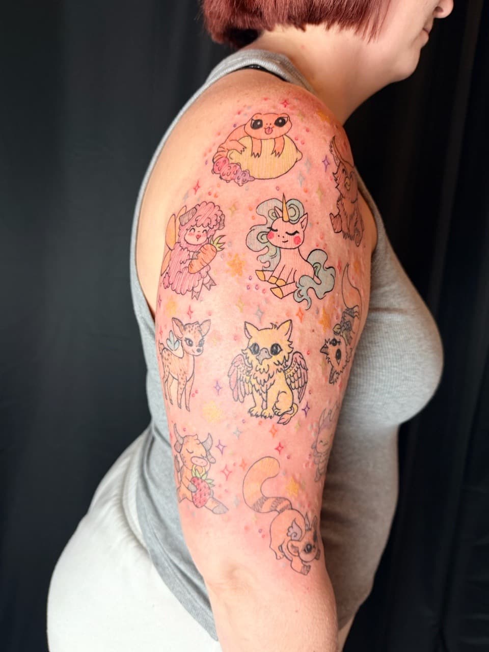 Cartoon + Color unicorn tattoo on Full Sleeve by Tattoos_by_Nicci on TattMe