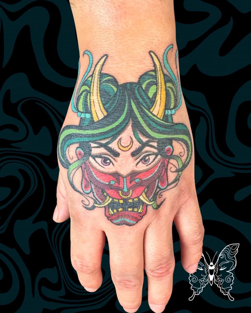 Japanese + Neo-Traditional mask tattoo on Hand by Tattoos_by_Nicci on TattMe