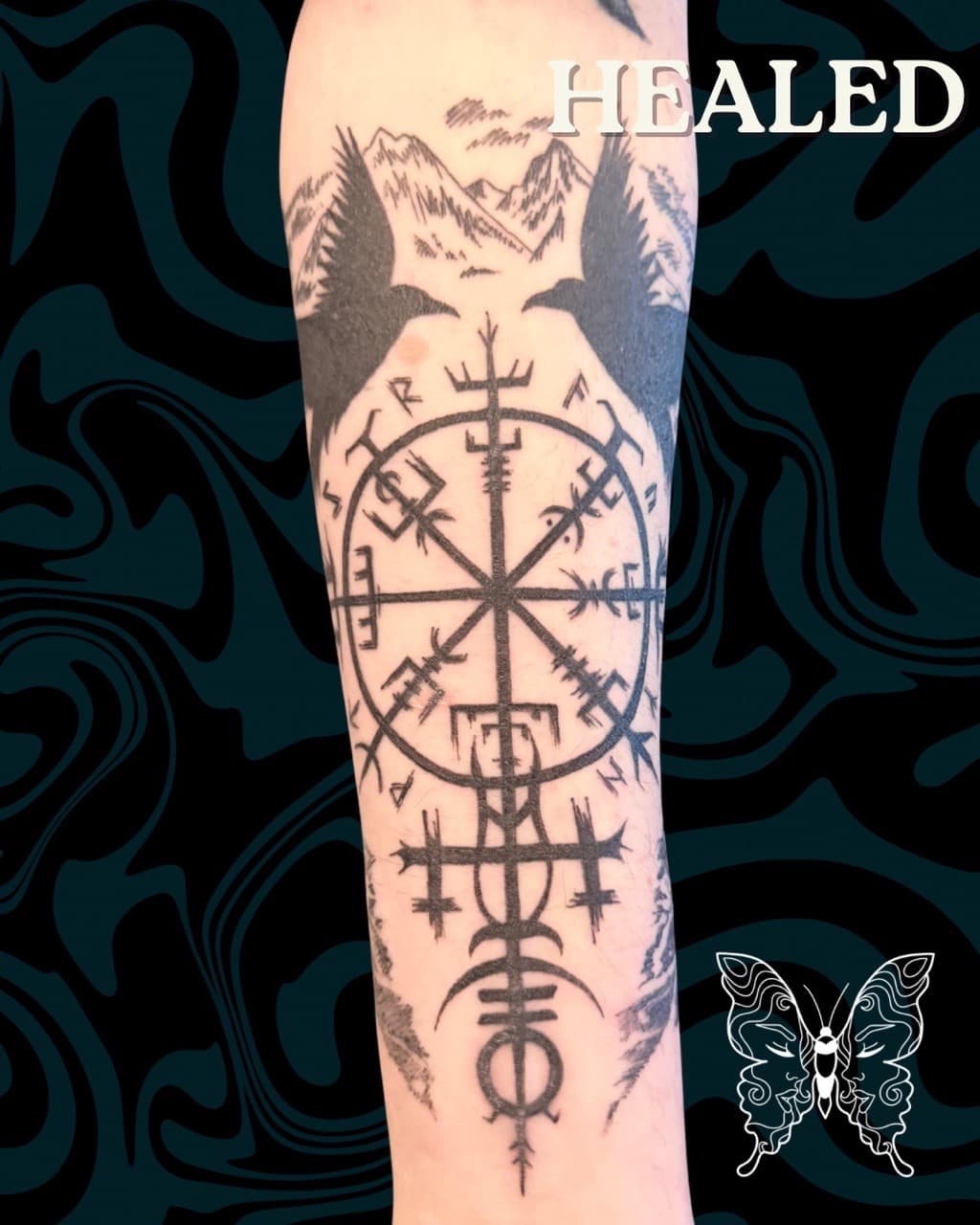 Black-work + Symbolic vegvisir tattoo on Forearm by Tattoos_by_Nicci on TattMe