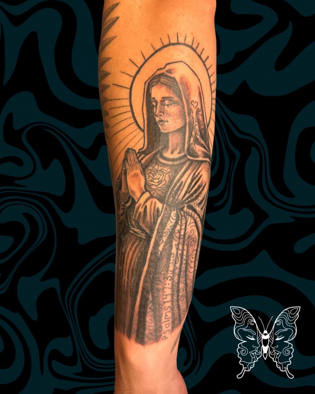 Black & Grey + Illustrative virgin mary tattoo on Forearm by Tattoos_by_Nicci on TattMe