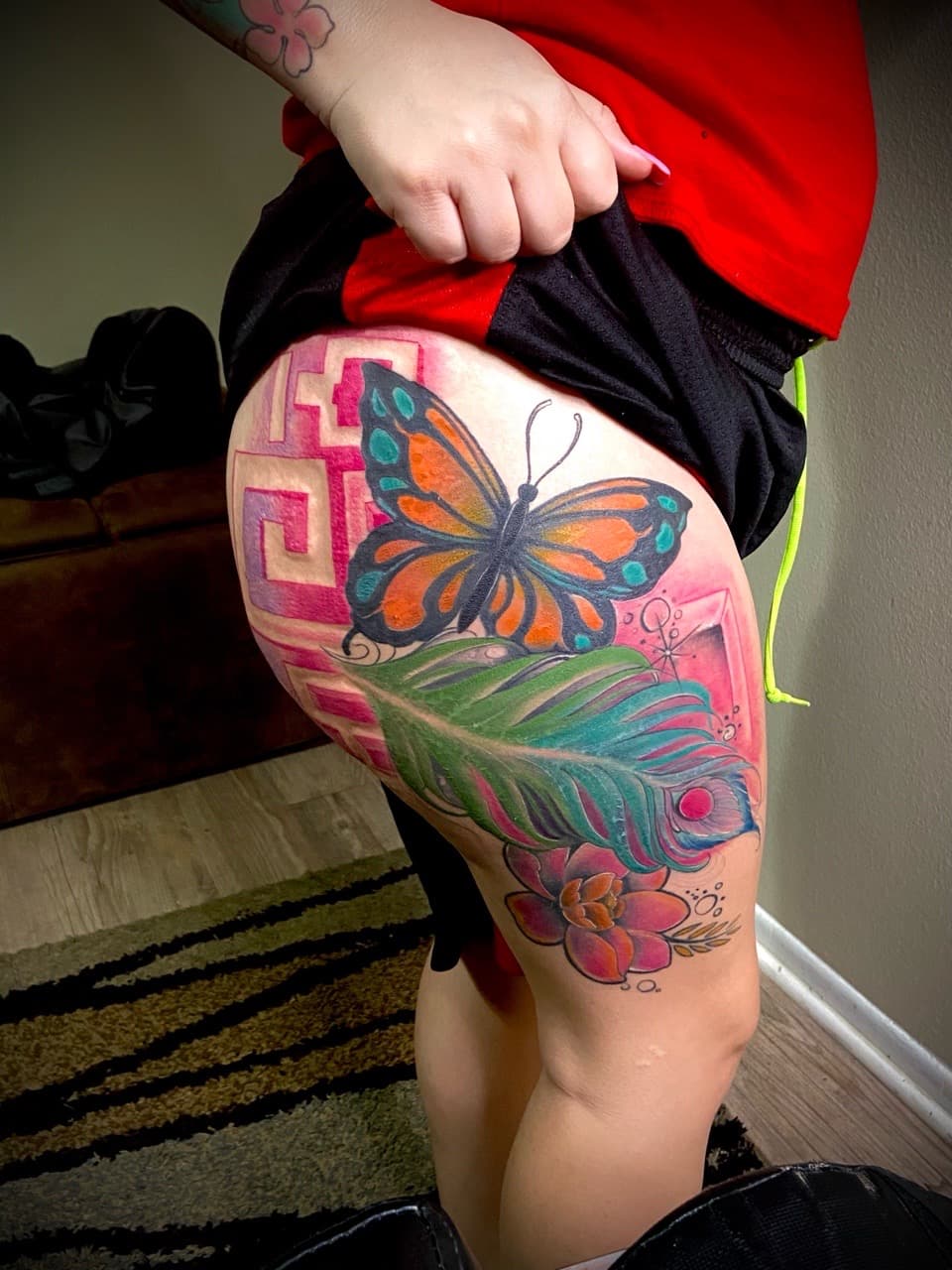 Color + Illustrative butterfly tattoo on Thigh by Moeinkk on TattMe