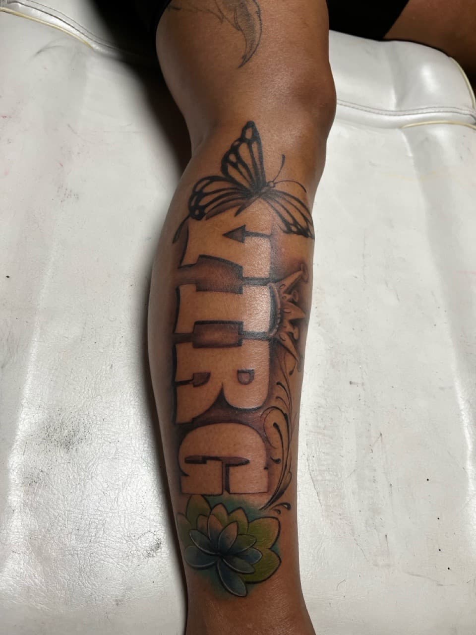 Lettering + Floral butterfly tattoo on Calf by Moeinkk on TattMe