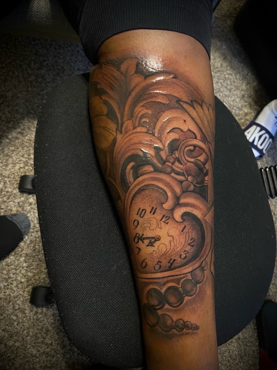 Black & Grey + Illustrative clock tattoo on Calf by Moeinkk on TattMe