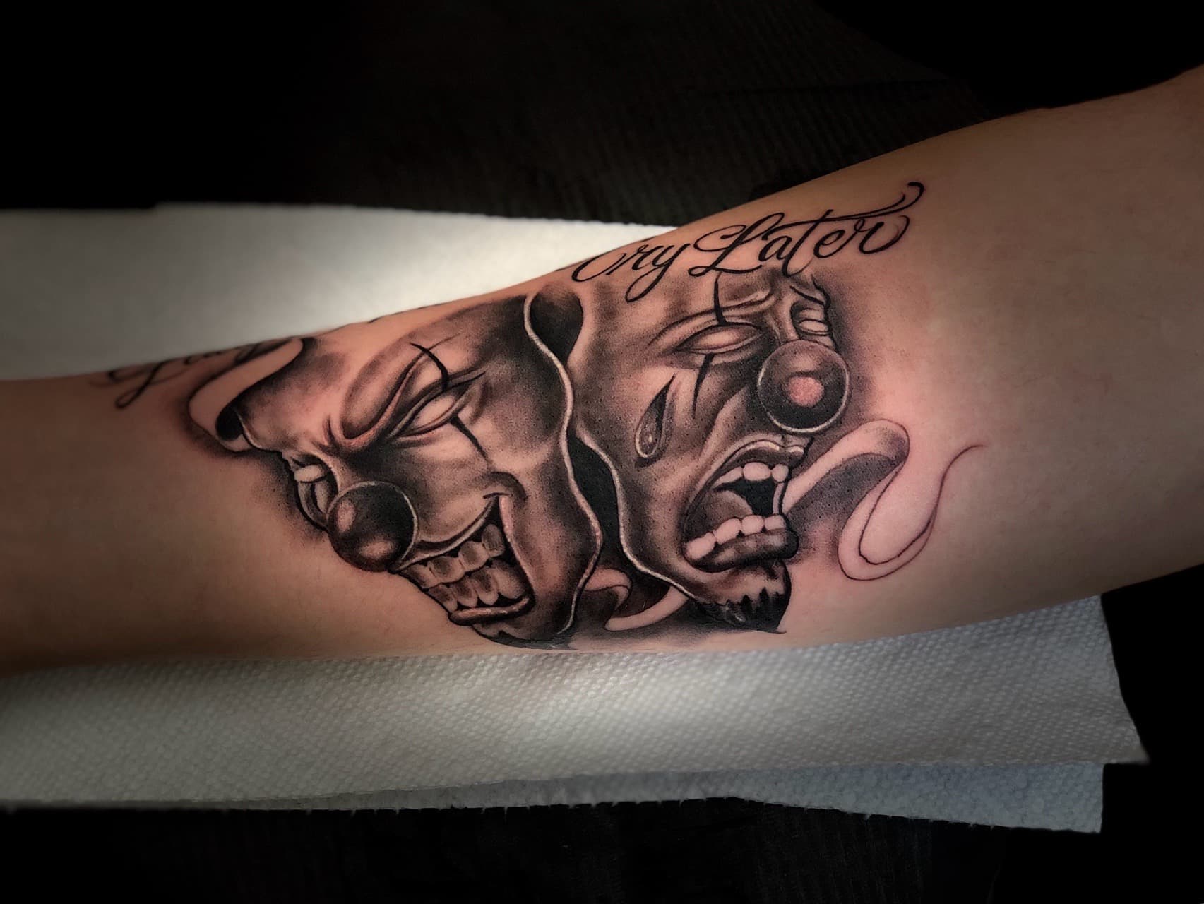 Black & Grey + Chicano clown masks tattoo on Forearm by Moeinkk on TattMe