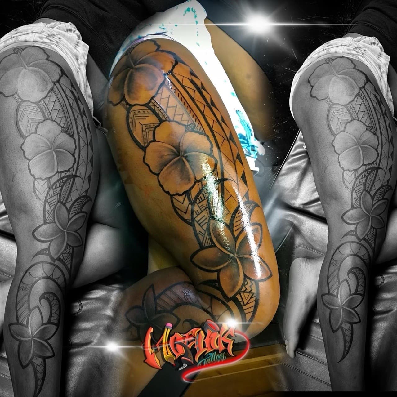 Polynesian + Floral plumeria tattoo on Thigh by Moeinkk on TattMe