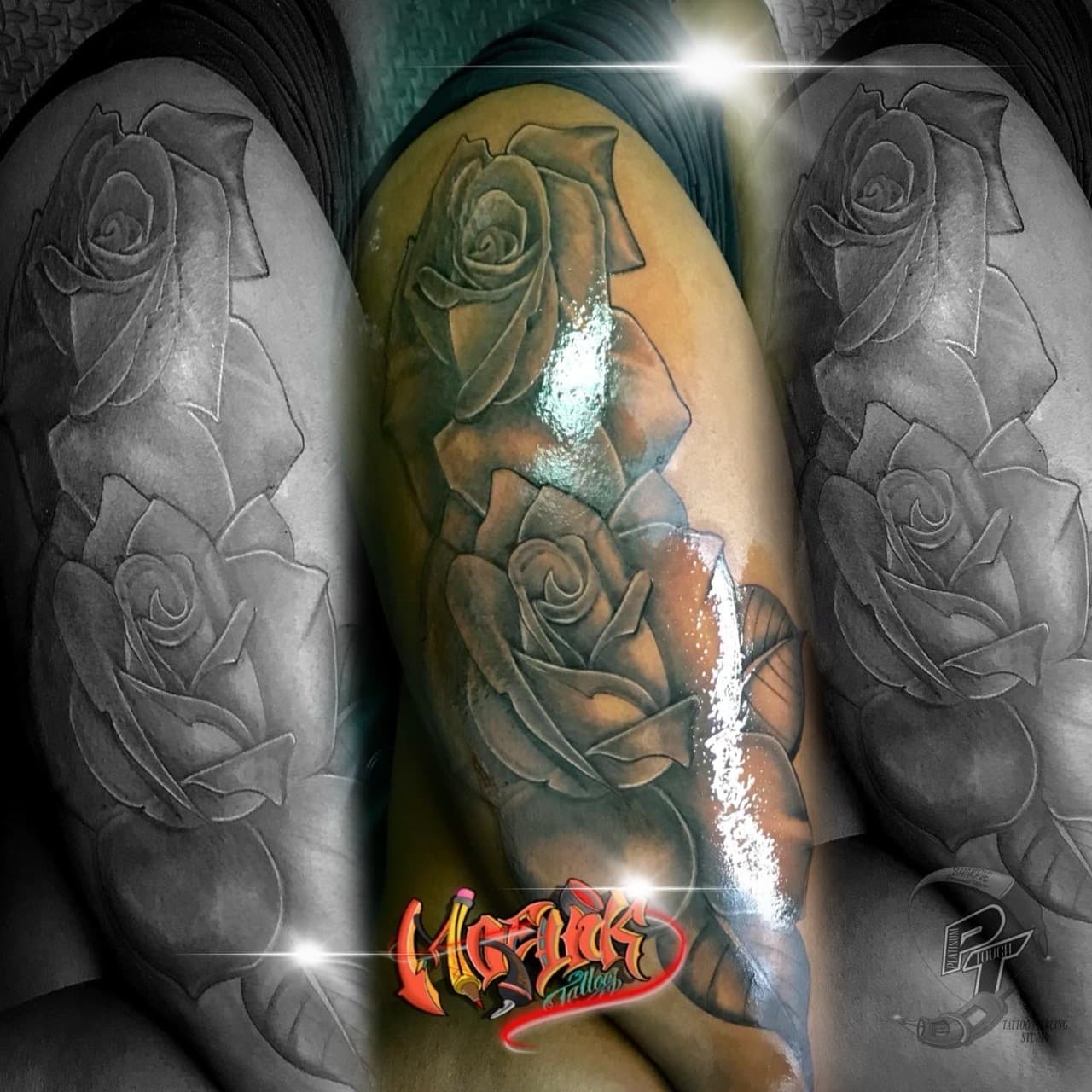 Floral + Black & Grey roses tattoo on Upper Arm by Moeinkk on TattMe